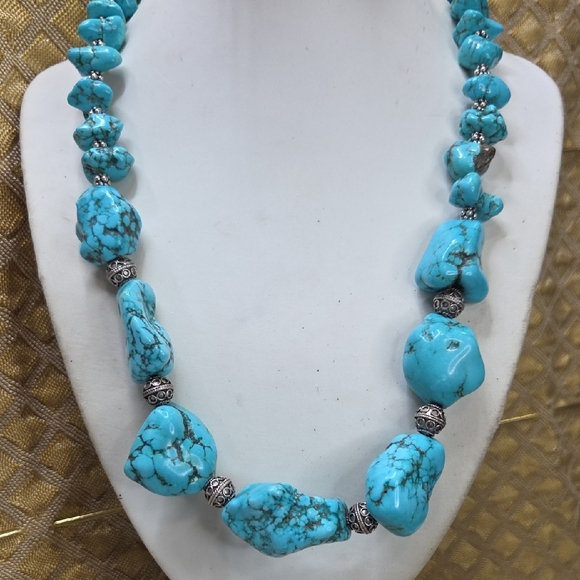 Artisan Jewelry - Genuine Turquoise and Sterling Silver Beaded Necklace